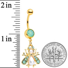 Load image into Gallery viewer, Green White Pearlescent Gem Gold Tone Snow Bug Dangle Belly Ring
