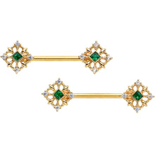 Load image into Gallery viewer, 14G 9/16 Green Gem Gold Tone Noble Square Barbell Nipple Ring Set
