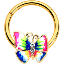 Load image into Gallery viewer, 16G 3/8 Clear Gem Gold Tone Bright Butterfly Hinged Segment Ring
