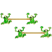 Load image into Gallery viewer, 14G 9/16 Gold Tone Green Tree Frog Barbell Nipple Ring Set
