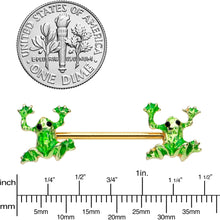 Load image into Gallery viewer, 14G 9/16 Gold Tone Green Tree Frog Barbell Nipple Ring Set
