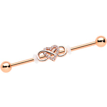 Load image into Gallery viewer, 14G Clear CZ Gem Rosy Infinity Heart Industrial Barbell 38mm
