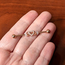 Load image into Gallery viewer, 14G Clear CZ Gem Rosy Infinity Heart Industrial Barbell 38mm
