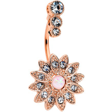 Load image into Gallery viewer, White Faux Opal Clear Gem Rose Gold Tone Triple Drop Floral Belly Ring
