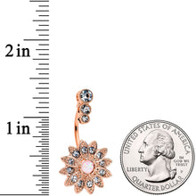 Load image into Gallery viewer, White Faux Opal Clear Gem Rose Gold Tone Triple Drop Floral Belly Ring

