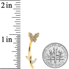 Load image into Gallery viewer, Clear CZ Gem Gold Tone Branch Butterfly Double Mount Belly Ring
