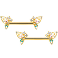 Load image into Gallery viewer, 14G 9/16 Clear CZ Gem Gold Hue Abstract Butterfly Nipple Ring Set
