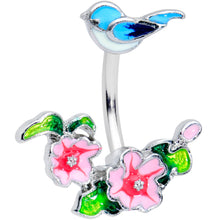 Load image into Gallery viewer, Clear Gem Blue Bird Pink Flowers Double Mount Belly Ring
