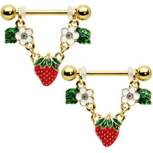 将图片加载到图库查看器，14G 9/16 Clear Gem Gold Tone Strawberry Dangle Nipple Ring Set
