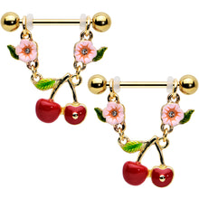 Load image into Gallery viewer, 14G 9/16 Clear Gem Gold Tone Cherry Fruit Dangle Nipple Ring Set
