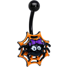 Load image into Gallery viewer, Black Orange Spider Web Purple Bow Spider Halloween Belly Ring
