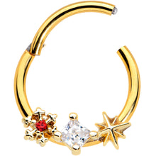 Load image into Gallery viewer, 16G 3/8 Clear Red Gem Gold Hue Star Snowflake Hinged Segment Ring
