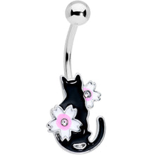 将图片加载到图库查看器，Clear Gem Black Cat Pink Flowers Belly Ring
