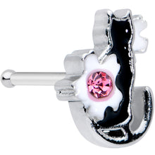 将图片加载到图库查看器，20G 1/4 Pink Gem Black Cat White Flowers Nose Bone
