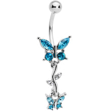 Load image into Gallery viewer, Clear Aqua Gem Vine Butterfly Dangle Belly Ring
