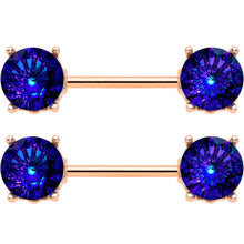 Load image into Gallery viewer, 14G 9/16 Blue Gem Rose Gold Tone Simply Elegant Nipple Ring Set
