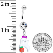 Load image into Gallery viewer, Clear Gem Trick or Treat Purple Bow Ghost Halloween Dangle Belly Ring
