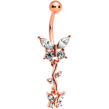 Load image into Gallery viewer, Clear Gem Rose Gold Tone Vine Butterfly Dangle Belly Ring
