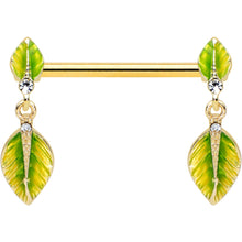 Load image into Gallery viewer, 14G 5/8 Clear Gem Gold Tone Lush Leaves Dangle Nipple Ring Set
