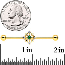 Load image into Gallery viewer, 14G Green Gem Gold Tone Noble Square Industrial Barbell 38mm
