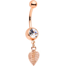 Load image into Gallery viewer, Clear Gem Rose Gold Tone Autumn Textured Leaf Dangle Belly Ring
