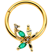 Load image into Gallery viewer, 16G 3/8 Clear Green Gem Gold Tone Palm Tree Hinged Segment Ring
