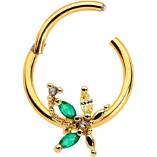 Load image into Gallery viewer, 16G 3/8 Clear Green Gem Gold Tone Palm Tree Hinged Segment Ring

