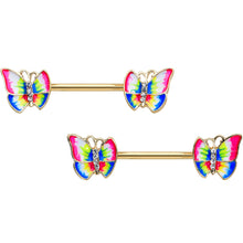 Load image into Gallery viewer, 14G 9/16 Clear Gem Gold Tone Bright Butterfly Nipple Ring Set
