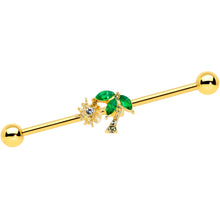 将图片加载到图库查看器，14G Green Gem Gold Tone Sun Palm Tree Industrial Barbell 38mm
