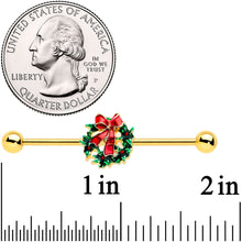 Load image into Gallery viewer, 14 Gold Tone Festive Wreath Bow Christmas Industrial Barbell 38mm
