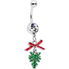 Load image into Gallery viewer, Clear Gem Pine Bough Red Bow Christmas Dangle Belly Ring
