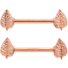 Load image into Gallery viewer, 14G 9/16 Rose Gold Tone Fall Texture Leaf Barbell Nipple Ring Set
