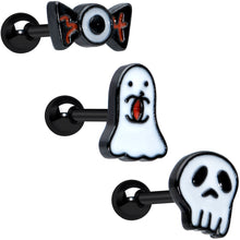 Load image into Gallery viewer, 16G 1/4 Black Ghost Skull Eye Halloween Cartilage Tragus Set of 3
