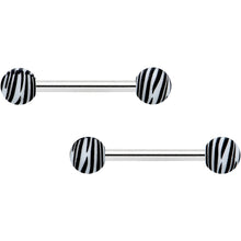 Load image into Gallery viewer, 14G 9/16 Matte White Zebra Stripe Barbell Nipple Ring Set
