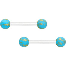 Load image into Gallery viewer, 14G 9/16 Matte Light Blue Splatter Barbell Nipple Ring Set
