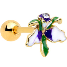 Load image into Gallery viewer, 16G 1/4 Clear Gem Gold Tone Iris Flower Cartilage Tragus Earring
