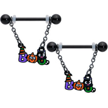 Load image into Gallery viewer, 14G 5/8 Black Boo Party Halloween Chain Dangle Nipple Ring Set
