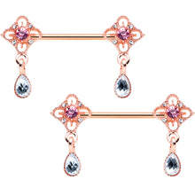 Load image into Gallery viewer, 14G 9/16 Purple Grey Gem Rose Gold Tone Dangle Nipple Ring Set
