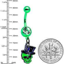 Load image into Gallery viewer, Clear Gem Green Top Hat Skull Halloween Dangle Belly Ring
