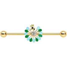 Load image into Gallery viewer, 14G Clear Black Gold Tone Pretty Peacock Industrial Barbell 38mm
