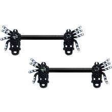 Load image into Gallery viewer, 14G 1/2 Clear Gem Black Skull Spider Halloween Nipple Ring Set
