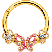 Load image into Gallery viewer, 16G 3/8 Clear CZ Gem Gold Hue Sweet Butterfly Hinged Segment Ring
