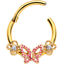 Load image into Gallery viewer, 16G 3/8 Clear CZ Gem Gold Hue Sweet Butterfly Hinged Segment Ring
