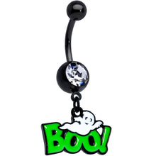 Load image into Gallery viewer, Clear Gem Black Green Boo Ghost Halloween Dangle Belly Ring
