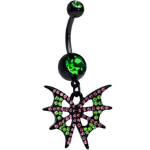 Load image into Gallery viewer, Pink Green Gem Black Bat Wings Halloween Dangle Belly Ring
