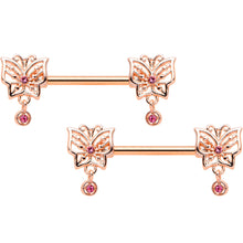 Load image into Gallery viewer, 14G 9/16 Pink CZ Gem Rose Gold Tone Butterfly Nipple Ring Set
