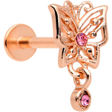 Load image into Gallery viewer, 16G 5/16 Pink CZ Gem Rose Gold Hue Butterfly Labret Monroe Tragus
