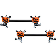 Load image into Gallery viewer, 14G 9/16 Black Dancing Skeleton Pumpkin Halloween Nipple Ring Set
