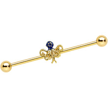 Load image into Gallery viewer, 14G Gold Tone Textured Blue Octopus Industrial Barbell 38mm
