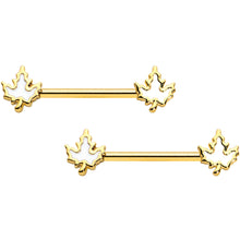 Load image into Gallery viewer, 14G 9/16 Gold Tone Fall White Maple Leaf Barbell Nipple Ring Set
